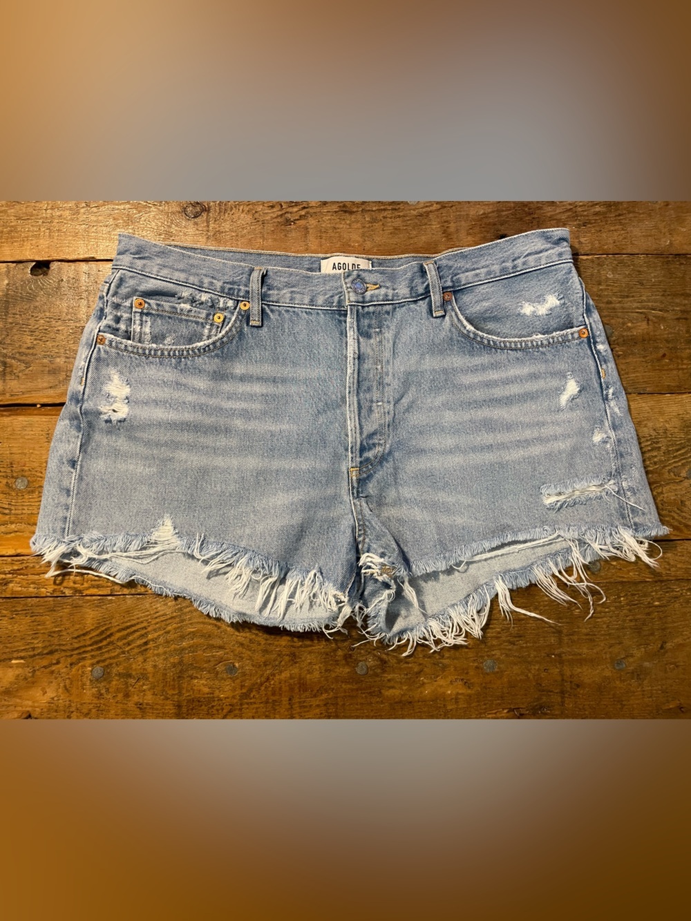 AGOLDE Light Wash Frayed Denim Shorts